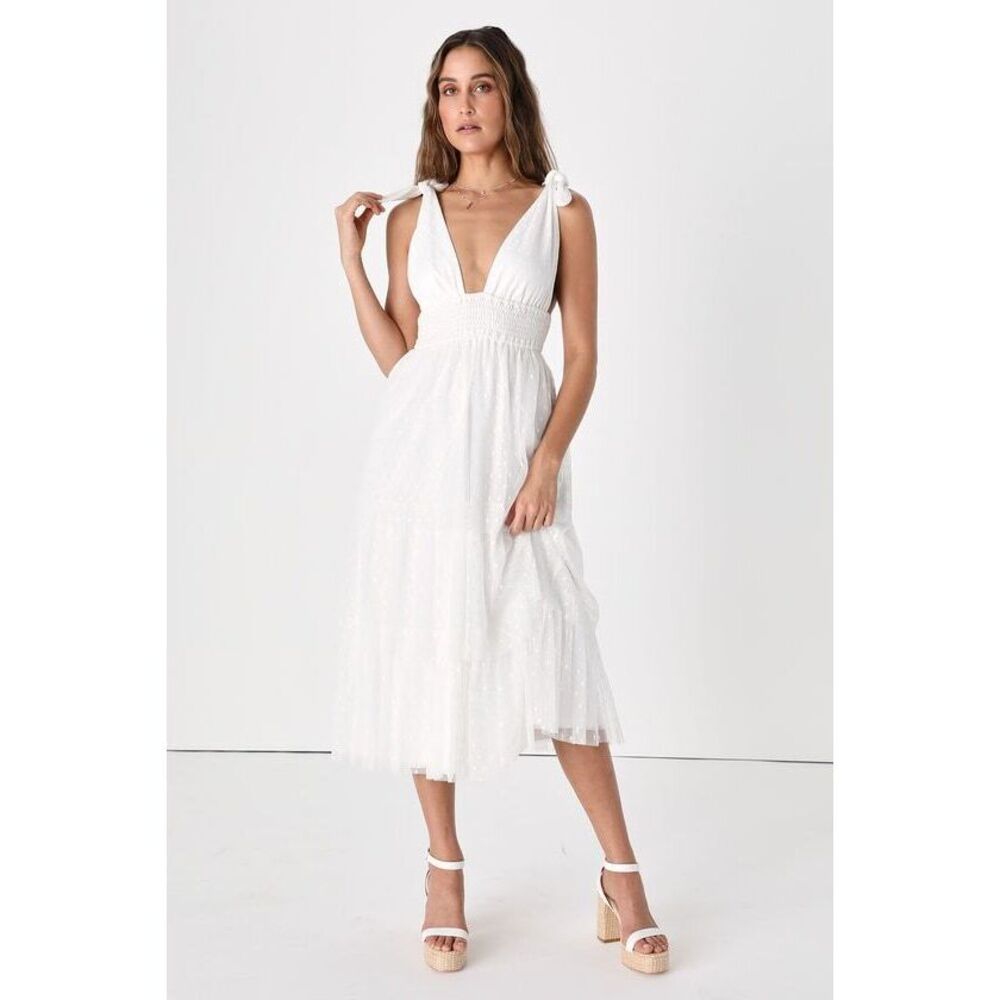 Lulus Tier's To Us White Swiss Dot Tie-strap Tiered Midi Dress - Size M